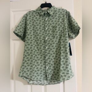 Tony Hawk Short-Sleeve Button-Up Shirt in Sage Green with Dark Print